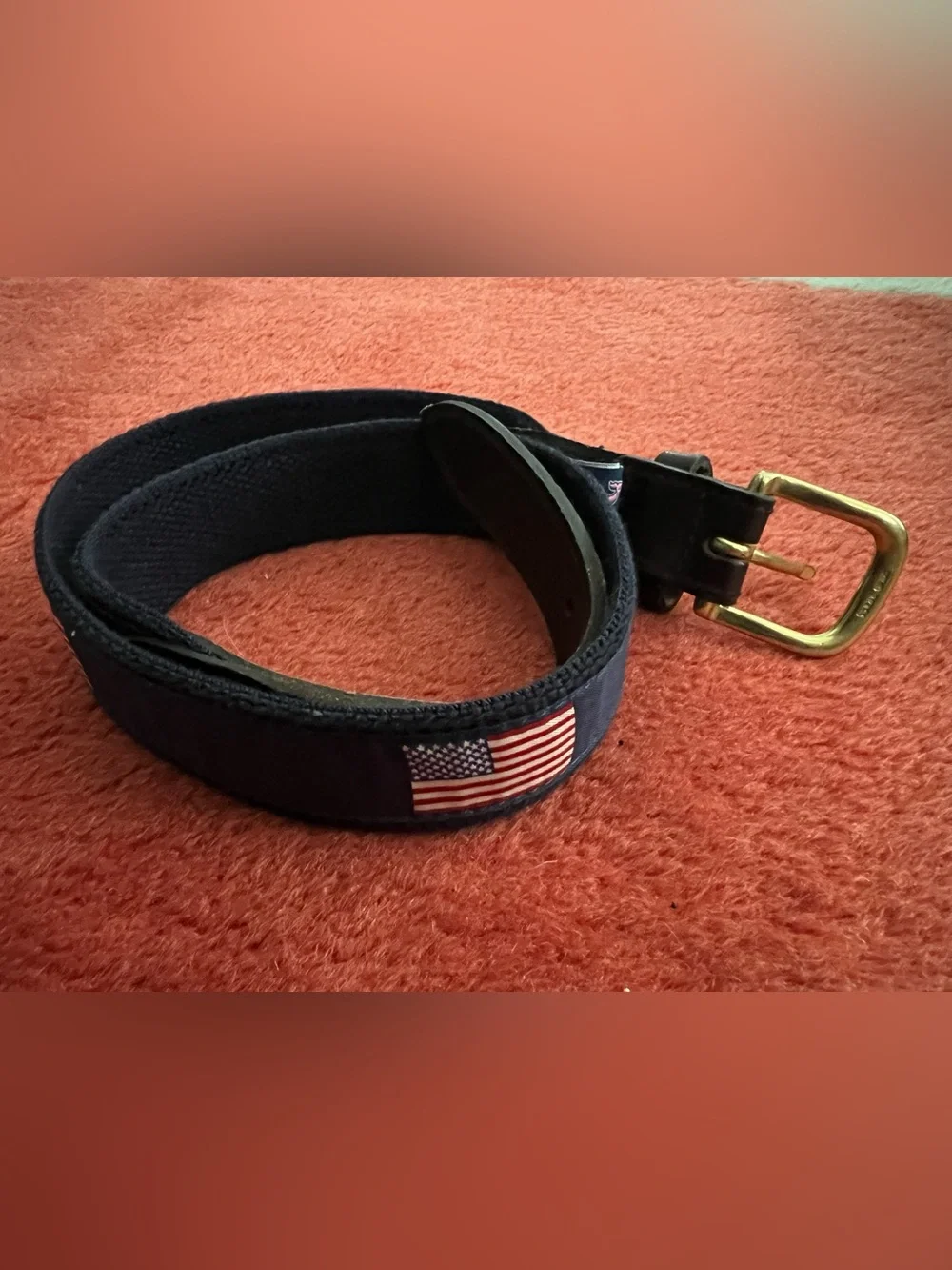 Vineyard Vines Navy Men’s Belt with Brown Leather Trim 28 in American Flag